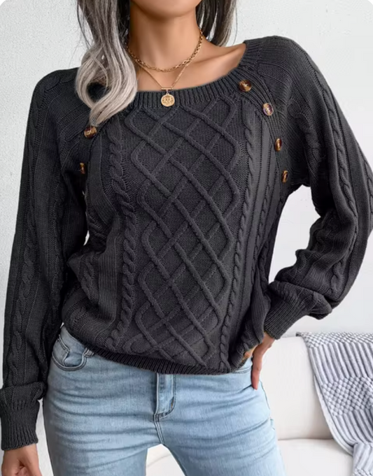 Mia | Buttoned Square Neck Knit Sweater